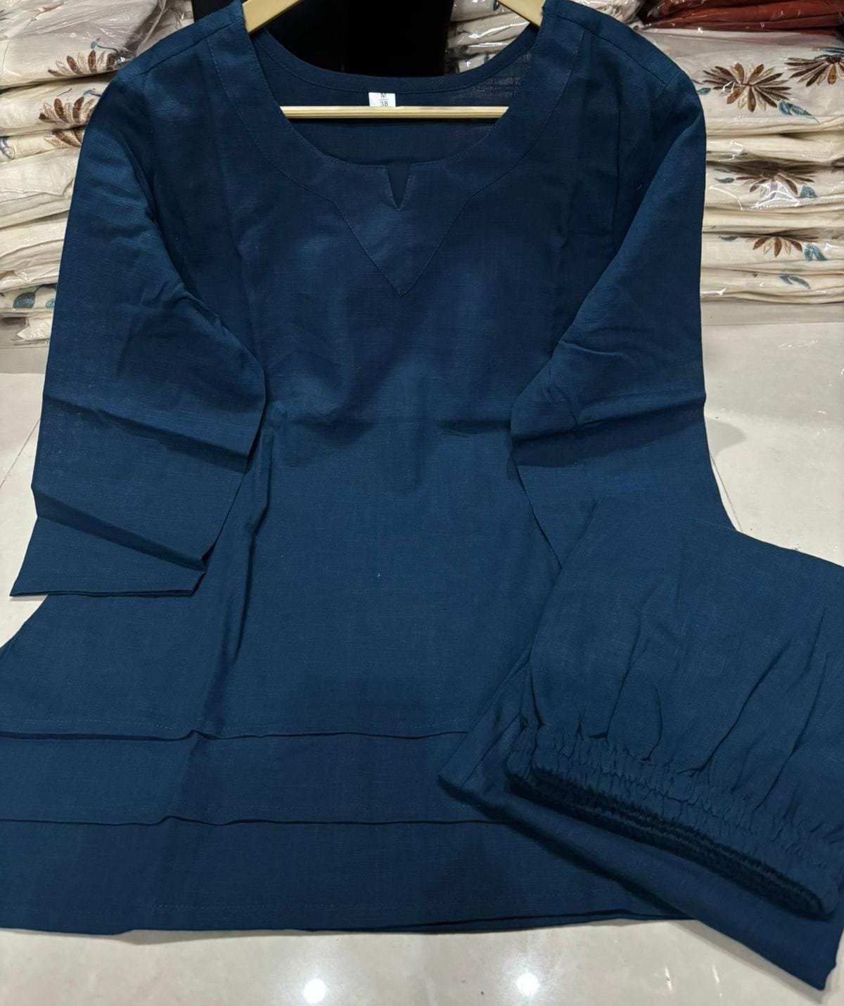 Blue Cotton Slub Coord Set with Palazzo and Pockets